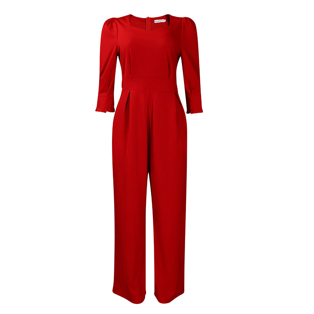 Long Sleeve Solid Color Loose Wide Leg Straight Large Size Jumpsuit