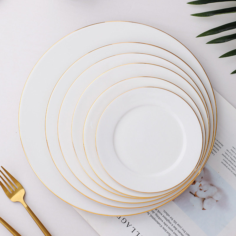 Wholesale Gold-Rimmed Ceramic Round Western Food Plates, Household Dishes, Shallow Plates, Flat Plates, Cold Dishes, Steak Plates, Pasta Plates