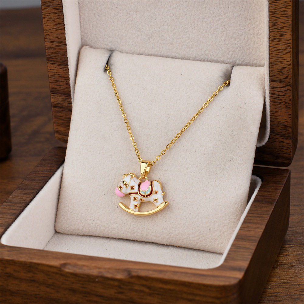 Enamel Drip Glaze Trojan Horse Pendant Titanium Steel Necklace Women's Niche Design Elegant Fashion Necklace New Trendy Clavicle Chain