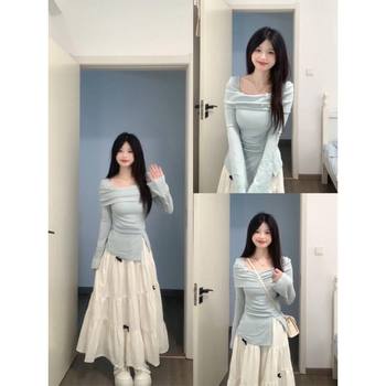 French Design Bow Long-Sleeved Square Neck Top for Women Spring and Autumn New Slim and Sweet Skirt Two-Piece Set Trendy