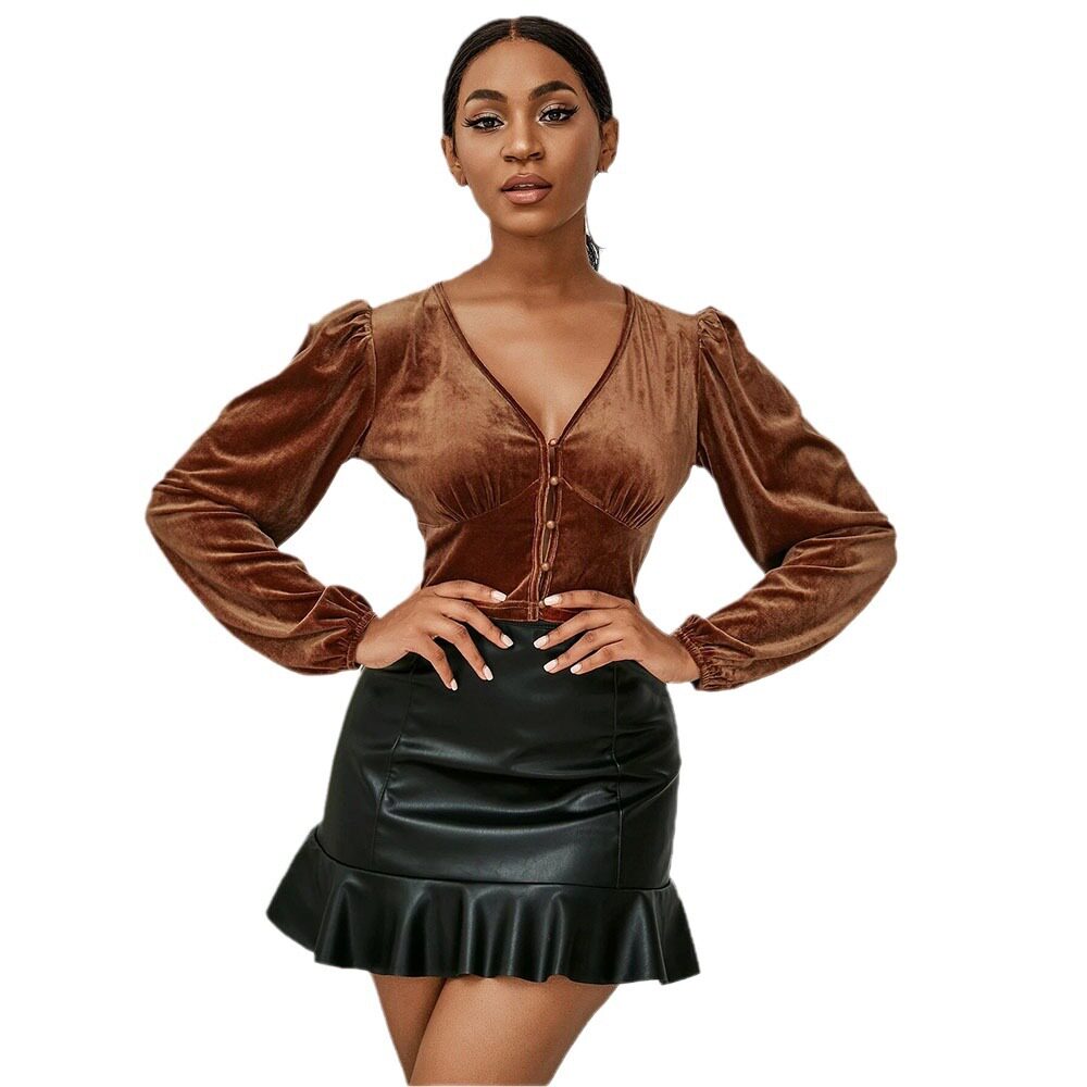 V Neck Slim Fit Short Velvet Cardigan Puff Sleeve Long Sleeve Spring Summer Style Wholesale Womens Fashion Top