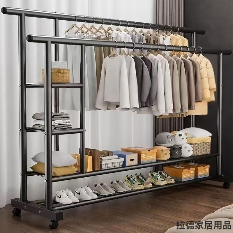 Extra Thick Double-Pole Mobile Dormitory Coat Rack Extra Thick Clothes Hanger Floor-Standing Vertical Home Bedroom Balcony Clothes Hanger Simple