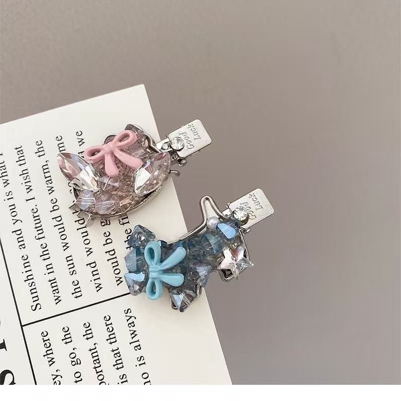 韩国精致小众发夹创意蝴蝶结小狗猫咪水钻鸭嘴夹高颜值刘海边夹发