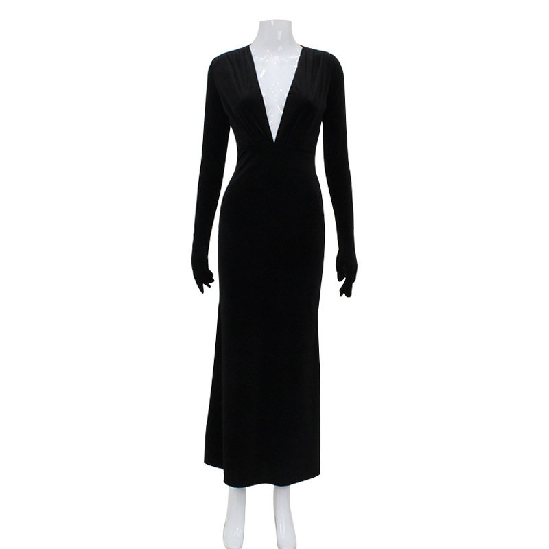Elegant Deep V Neck Velvet Mermaid Dress with Waist Cinching French Style Sexy Fit Includes Gloves Perfect for