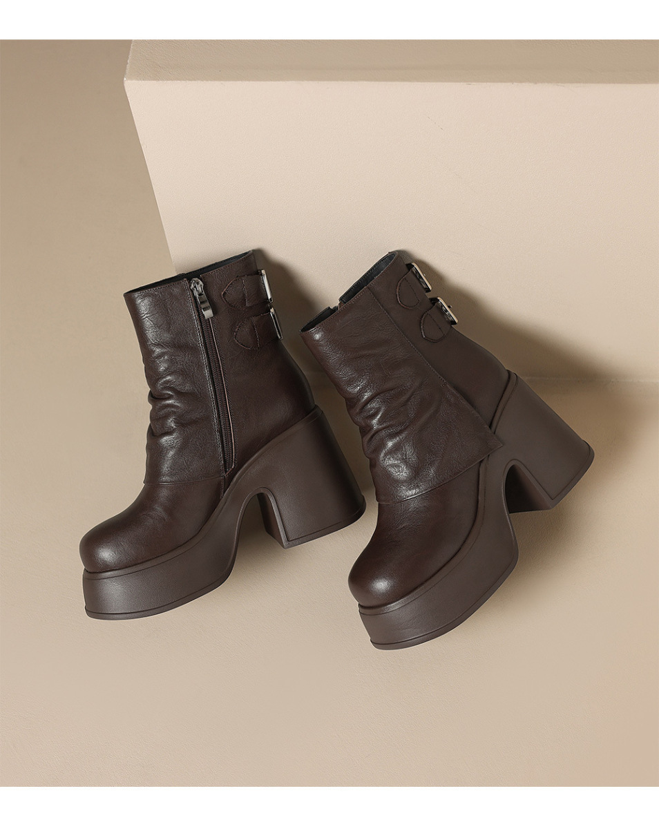 Boot nữ cổ ngắn da bò thật đế dày khóa thắt lưng tăng chiều cao — Lớp lót đơn màu đen, Lớp lót đơn màu nâu, Lót nhung đen, Lót nhung màu nâu