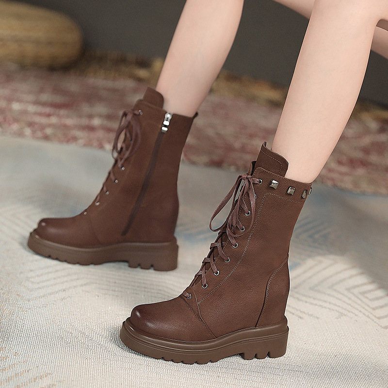 Boot Cổ Thấp Nữ Cao 10cm Tăng Chiều Cao Đế Cao Hàng Mùa Xuân Thu Đông Phục Cổ Cổ Điển