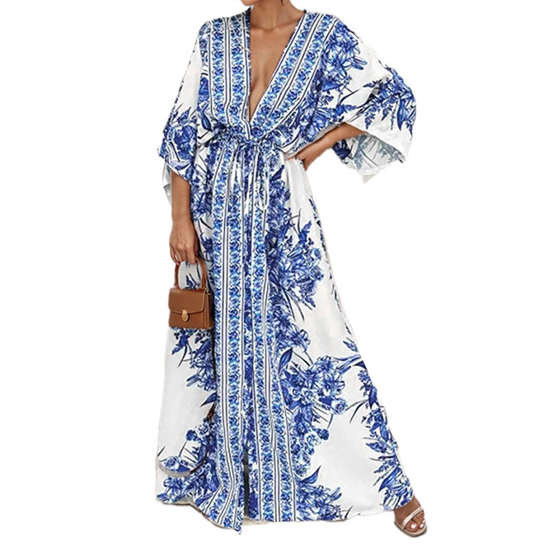 Elegant Floral V Neck Tie Waist Long Dress Spring Collection Womens Fashion Comfortable Fit Wholesale Available