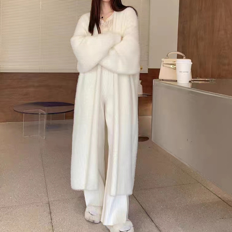 秋冬过膝仿水貂绒针织开衫女韩版宽松中长款慵懒风软糯毛衣外套女