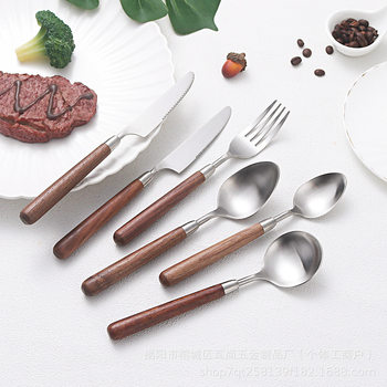 Cross-Border 304 Stainless Steel Spoon Walnut Western Food Spoon High-Value Dining Spoon Steak Knife and Fork Soup Spoon Spoon Fork