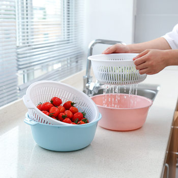 Double-layer Plastic Draining Basket Kitchen Round Fruit Basket Household Storage Water Filter Vegetable Washing Basin Simple Creative Vegetable Washing Basket