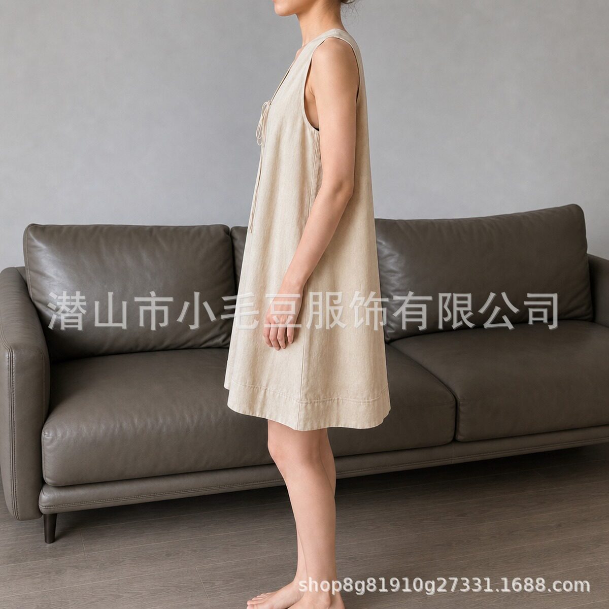 Summer A Line Sleeveless V Neck Dress Loose Fit Tie Waist Cotton Linen Blend Apricot Color Casual Wear Wholesale