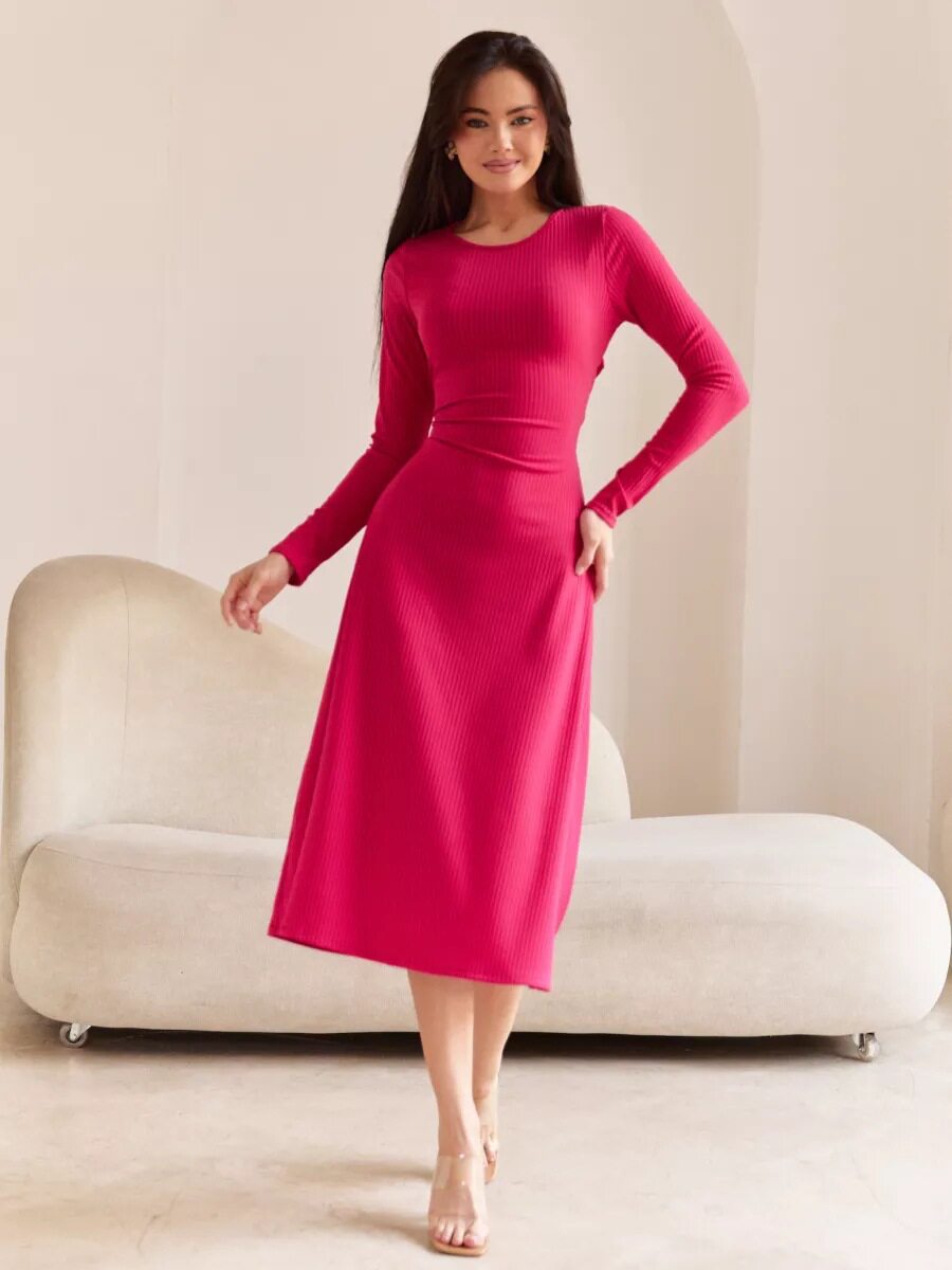 Fashionable Loose Fit U Neck Long Sleeve Dress Back Tie Design Autumn Collection Wholesale Available