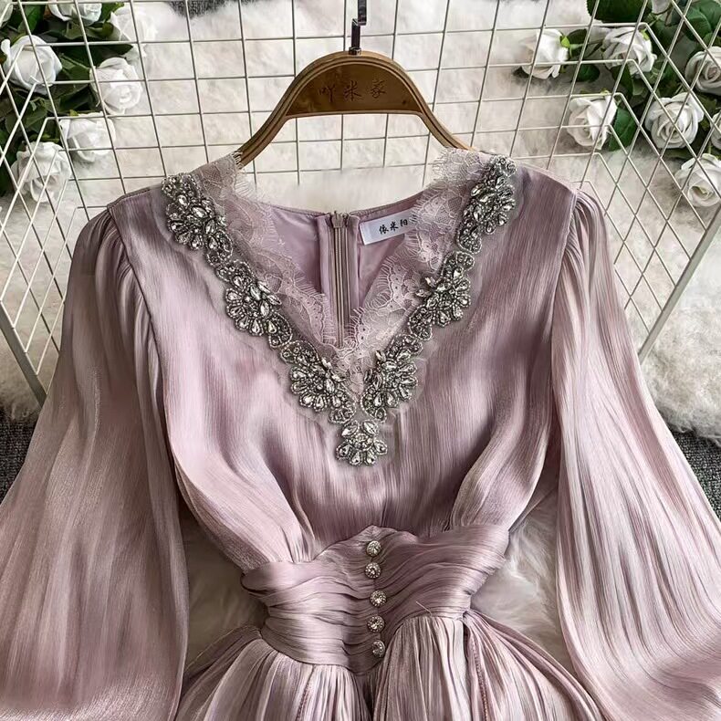 Elegant French Style Long Dress for Women Embroidered Beaded V Neck Waist Cinching Regal Design Perfect for Formal
