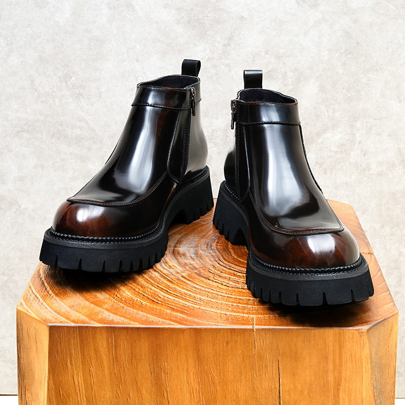 Boot Nam Cổ Cao Da Bóng Khóa Kéo Phong Cách Anh Quốc Chiều Cao Đế Khoảng 4cm Màu Đen