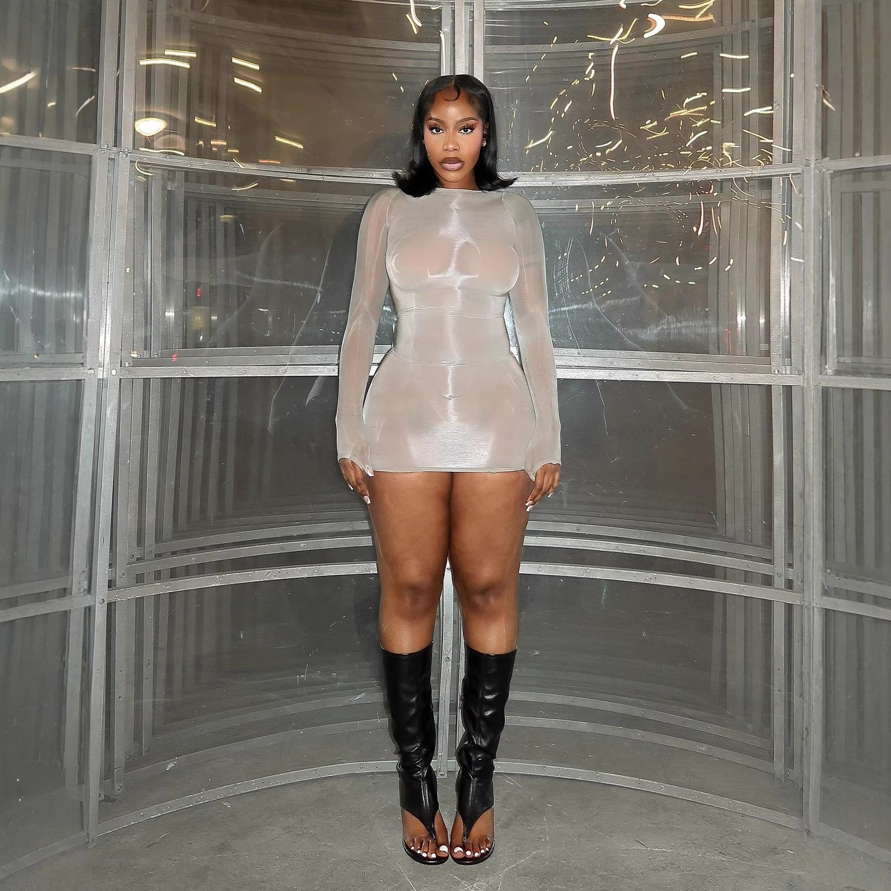 FF1472 欧美女装 性感超弹油光身体袜裙夜店性感透视裙