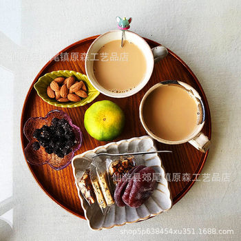 Brown Wooden Round Tray Tea Tray Dinner Plate Hotel Cup Tray Household Fruit Plate Snack Plate Light Luxury Retro