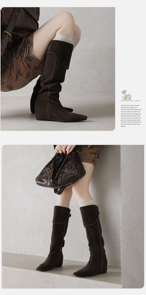 Boot nữ cổ cao da lộn mũi vuông đế xuồng tôn chiều cao — Màu nâu, xanh xám