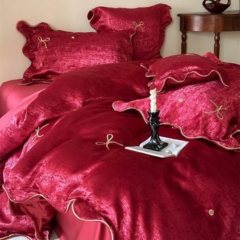 Light luxury wedding four-piece set embroidered soft silk cotton jacquard red wedding quilt cover skin-friendly sheets bed sheets bedding