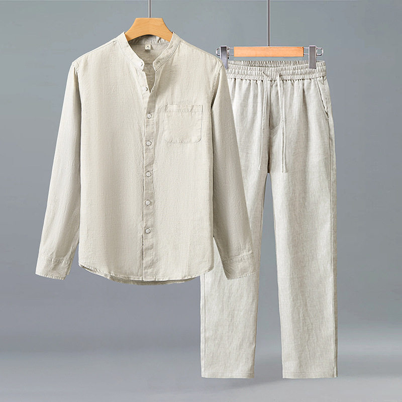 套装亚麻长袖衬衫男中国风休闲纯麻口袋宽松开衫长裤麻料外穿