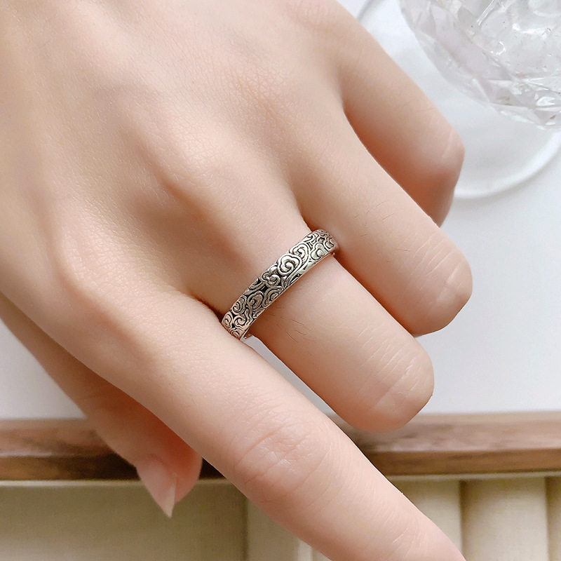 Creative Auspicious Cloud Pattern Ring, Chinese Style, Versatile Electroplated 925 Silver Vintage Cloud Ring for Men and Women, Wholesale