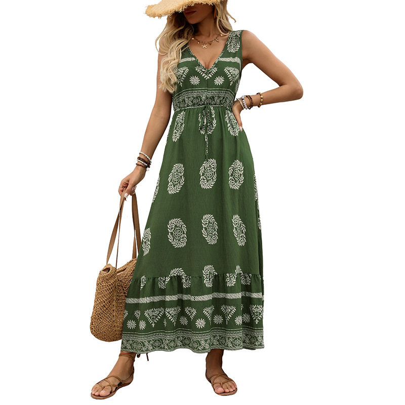 Sleeveless Bohemian Print Dress Vacation Style Adjustable Straps Comfortable Fabric Wholesale Available