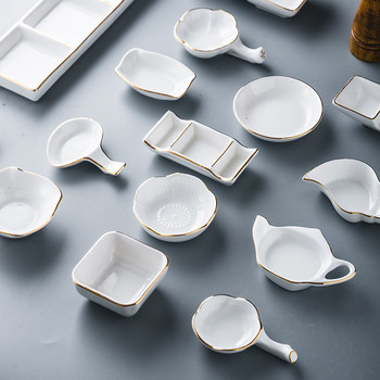 Simple Gold-Rimmed Seasoning Dish for Home and Commercial Use, Ceramic Two-Compartment Dipping Sauce Soy Sauce Vinegar Dish, Round Hotel Two-Three-Use Chopstick Holder