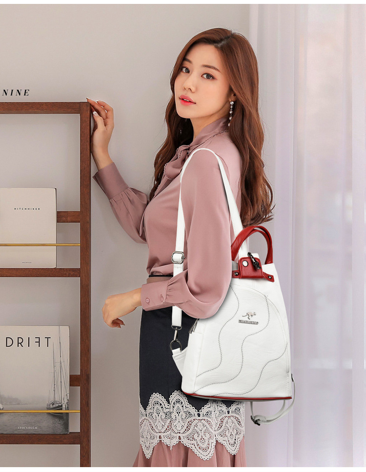 Ba lô nữ da PU phối màu dáng đứng, túi đeo chéo hai quai mềm nhẹ — Đen phối kaki, Màu đen, Màu trắng, Màu xanh lam
