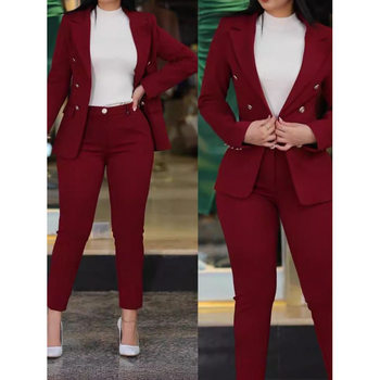 2025 Cross-Border Women's Solid Color Slim Casual Fashion Waist-Cinching Double-Breasted Two-Piece Suit Black European and American Style