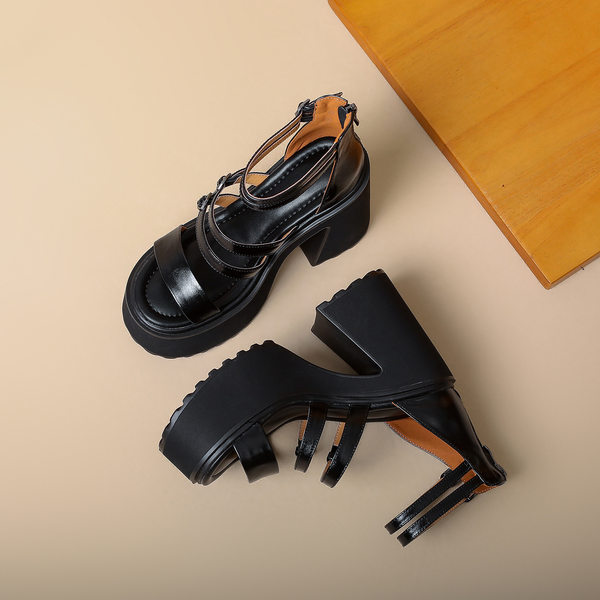 Sandal cao gót nữ hở mũi đế xuồng 12 cm phong cách La Mã — [Đen], [Đỏ]