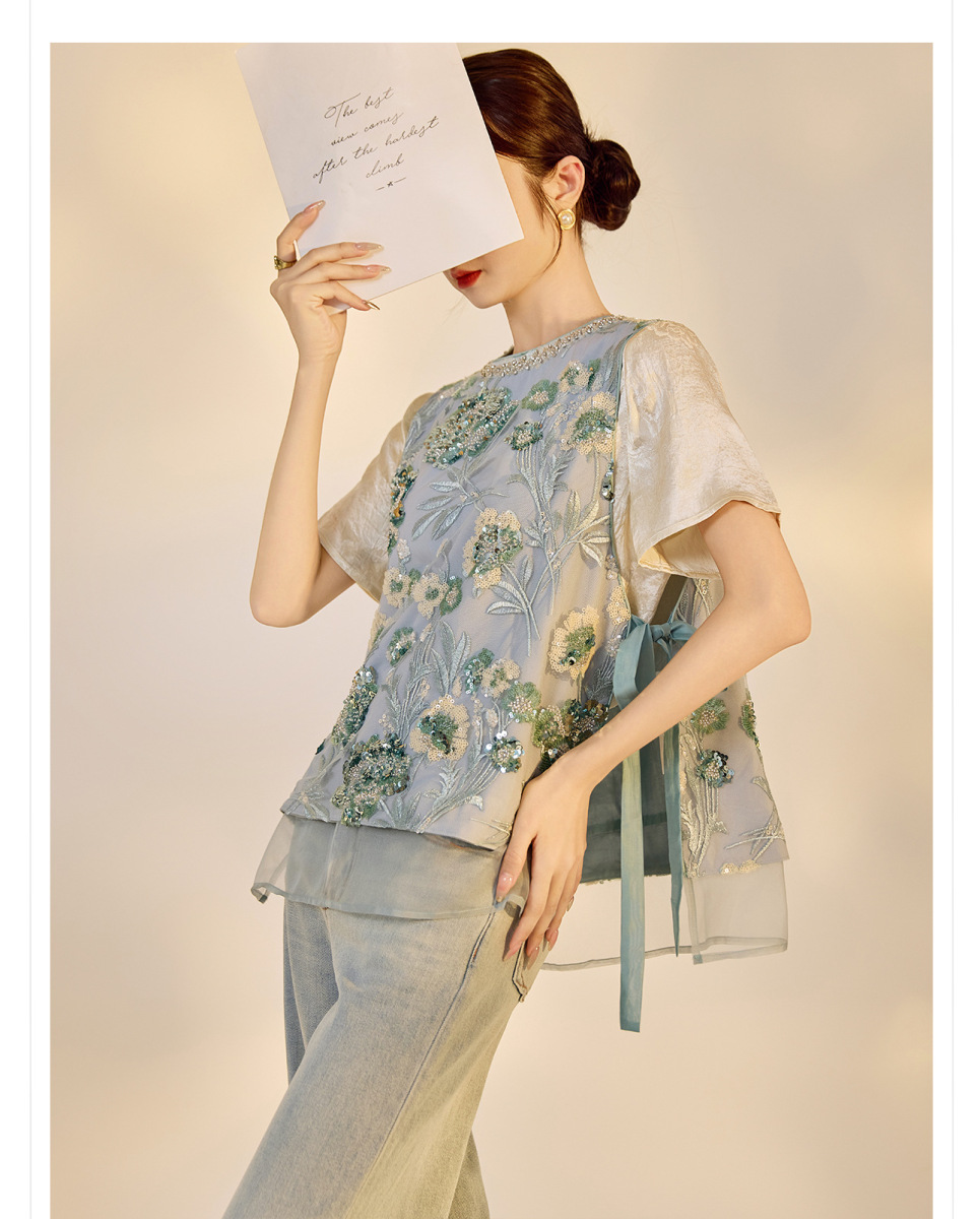 Áo vest nữ thêu cườm đính đá cổ tròn phối hoa văn — Jiyue Blue (giao hàng trong 7 ngày), Jiyue Blue (phát hành cùng ngày)
