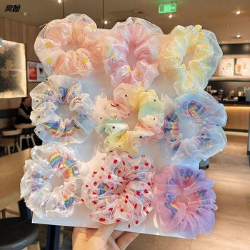 Rainbow Bowel Hair Ring Children's Leather Band ins Ring College Style Head Rope Fairy Qi Fat Intestines Retro Women's French Style Ball Head