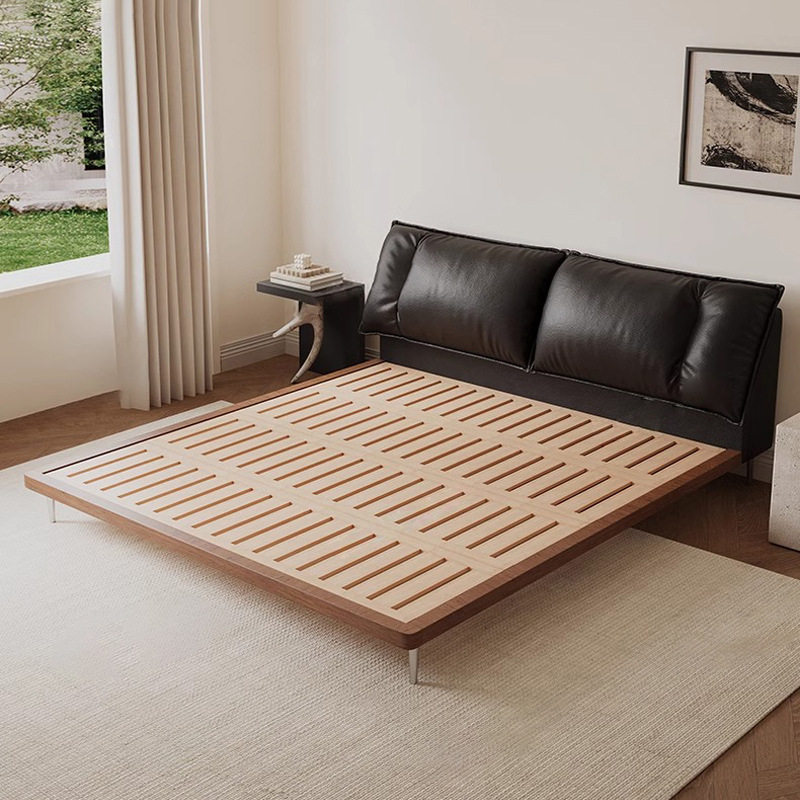 意式极简实木真皮床主卧头层牛皮复古双人床白蜡木中古风婚床家具