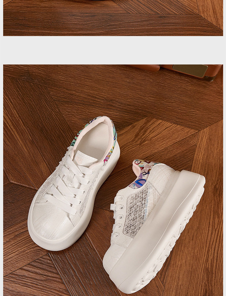 Giày sneaker nữ chunky đế dày màu trắng, phối dây buộc, form thể thao — Hũ trắng vàng, Bột trắng chi tiết 18