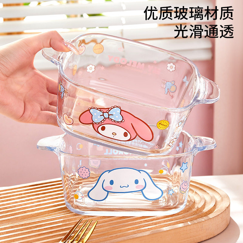 Sanrio Double-Eared Glass Bowl Household High Temperature Resistant Tableware Cartoon Cute Ramen Rice Bowl Dessert Salad Yogurt Bowl