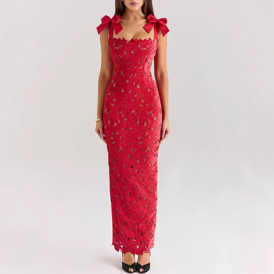 Elegant Hollow Out Bow Tie Bodycon Dress Solid Color Stylish Design Perfect for Parties Wholesale Available