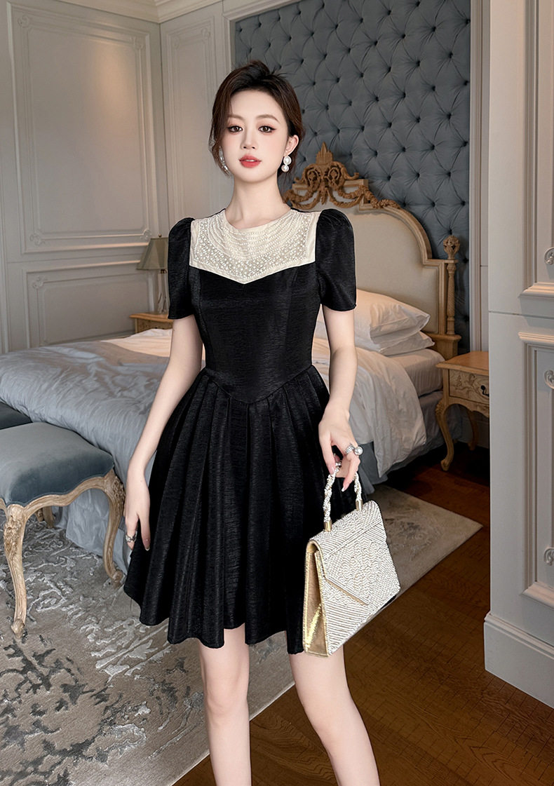 Đầm ôm body nữ cổ tròn tay ngắn eo cao phong cách Pháp — [Đen trứng cá] chi tiết 8