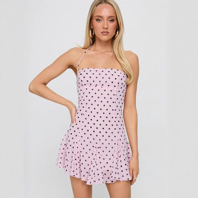 Summer Womens Dress Sleeveless Backless Polka Dot Tie Waist Casual or Party Wear OEM Available