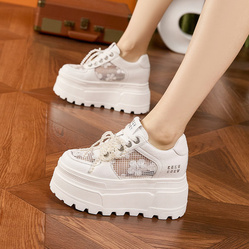Giày sneaker nữ chunky đế dày trắng phối lưới thoáng khí — Trắng, Đen