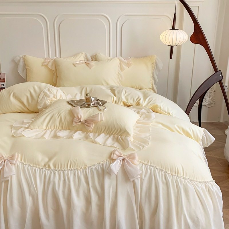 2026 Autumn/Winter New Style Factory Direct Sales Korean Version Princess Style Warm Cotton Chiffon Lace Sweetheart Bow Four-Piece Set