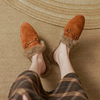 Furry Shoes, Sheep Suede Rabbit Fur Slippers, Women's New Winter Women's Shoes, Outer Wear, Baotou Half Slippers, Warm Cotton Shoes