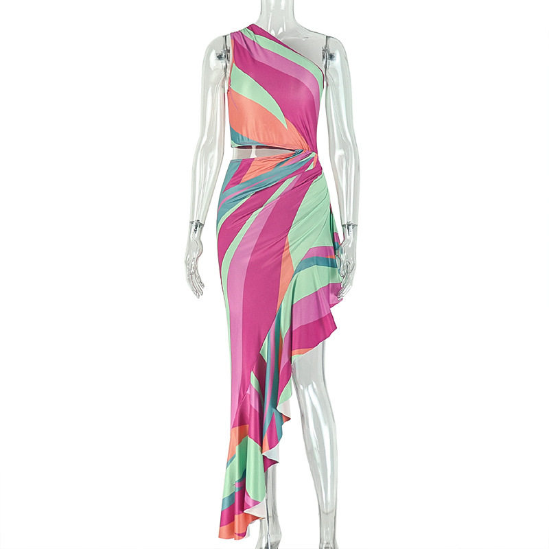 Fashionable Womens Rainbow Print Bodycon Dress Asymmetrical Neckline Summer Beach Style Wholesale Available