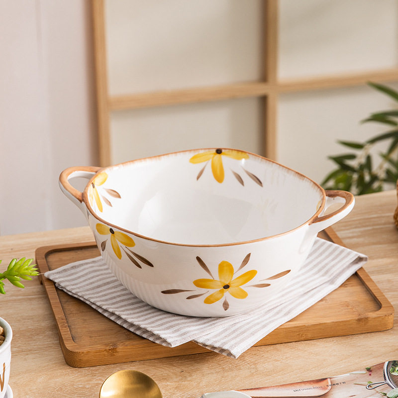 Chaozhou Factory Household Simple Style Ceramic Soup Bowl Japanese Style Yellow Flower Painted Tableware Binaural Bowl Salah Bowl