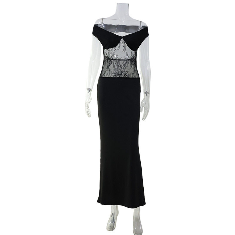 Black Lace Panel Bodycon Dress Off Shoulder Slim Fit Elegant Style Perfect for Parties and Special Occasions