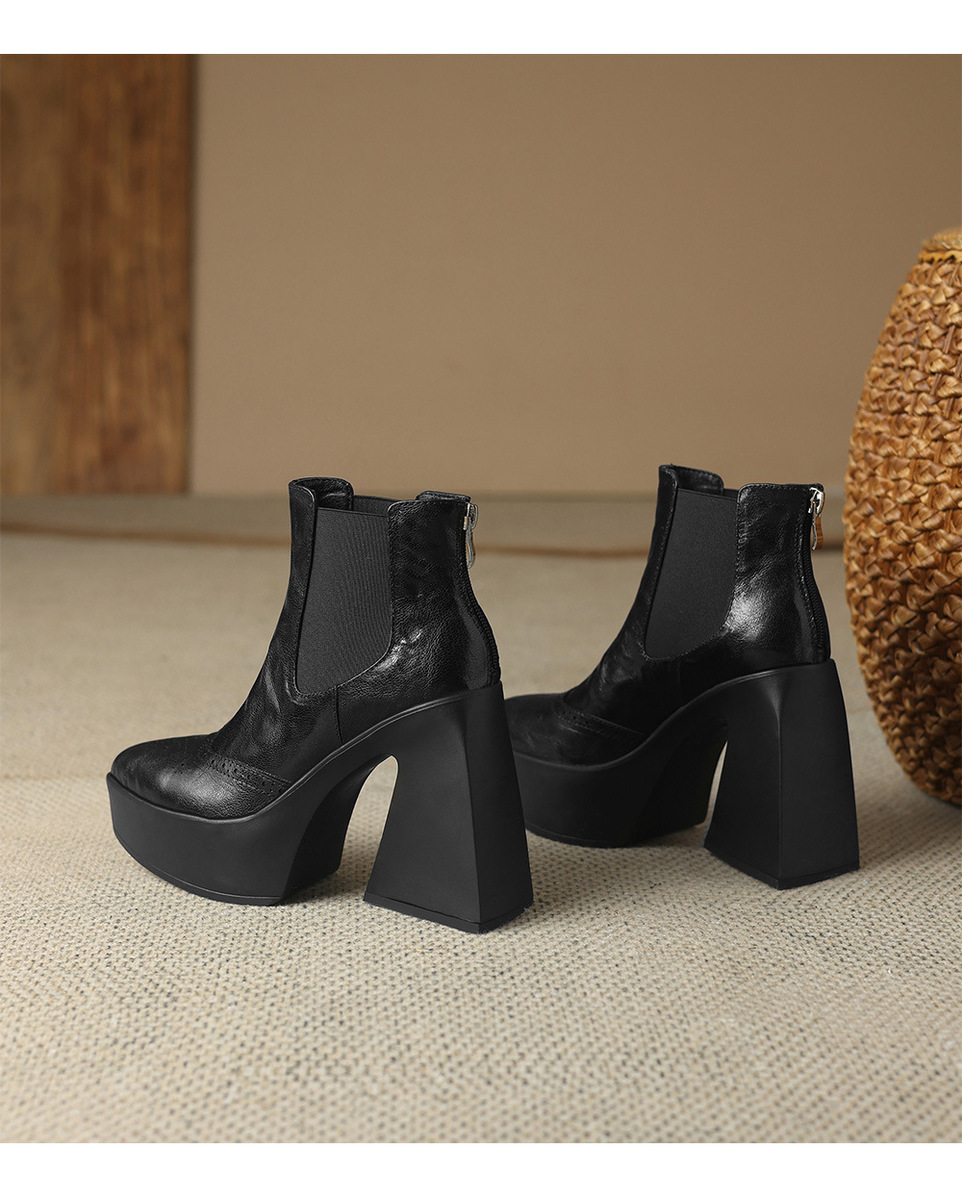 Boot nữ cổ thấp gót thô mũi nhọn phong cách Chelsea — Màu đen lót một lớp, Màu đen lót nhung, Màu nâu lót một lớp, Màu nâu lót nhung