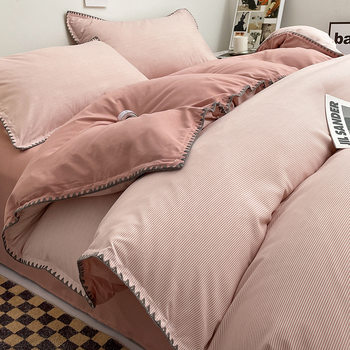 ins Style Double Stripe Washed Cotton Bed Four-piece Set Solid Color Scrub Bed Sheet Quilt Cover Student Three -4-piece Set