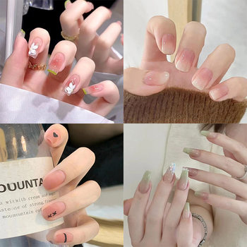 Summer Fresh, Sweet and Cool Style Manicure, Wearable Nails, French Lines, Smudged Removable Fake Nails, Finished Products Wholesale