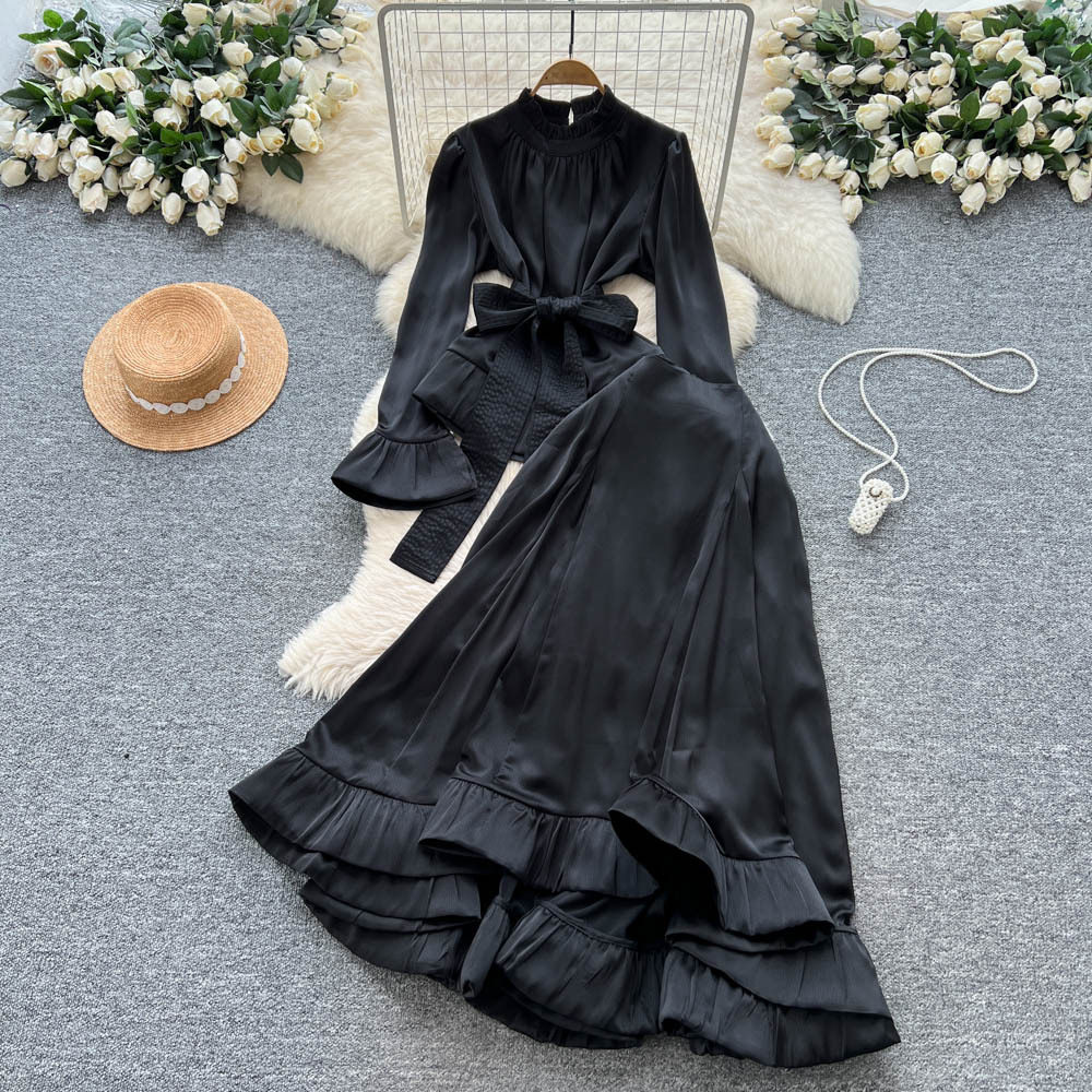 Womens Satin Long Sleeve Top with Tie Waist High Waist Flared Ruffle Hem Skirt Elegant Fall Two Piece Set Wholesale