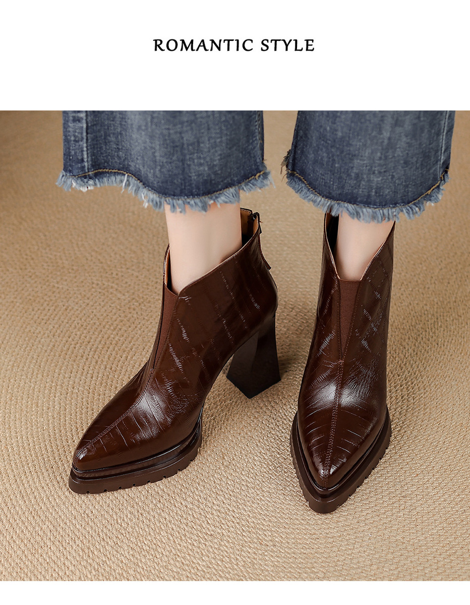 Boot nữ cổ thấp mũi nhọn gót thô đế dày da bò khoá kéo phía sau — Lớp lót đơn màu đen, Lớp lót đơn màu nâu, Lót nhung đen, Lót nhung màu nâu