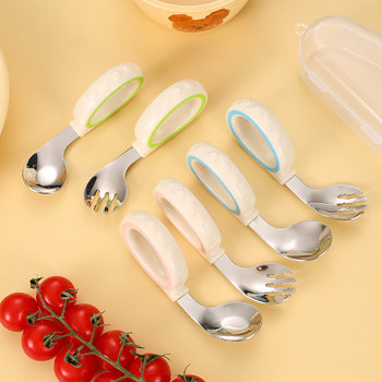 316 Stainless Steel Kidsren's Spoon and Fork Tableware Silicone Ring Handle Baby Independent Food Supplement Spoon Baby Elbow Spoon and Fork
