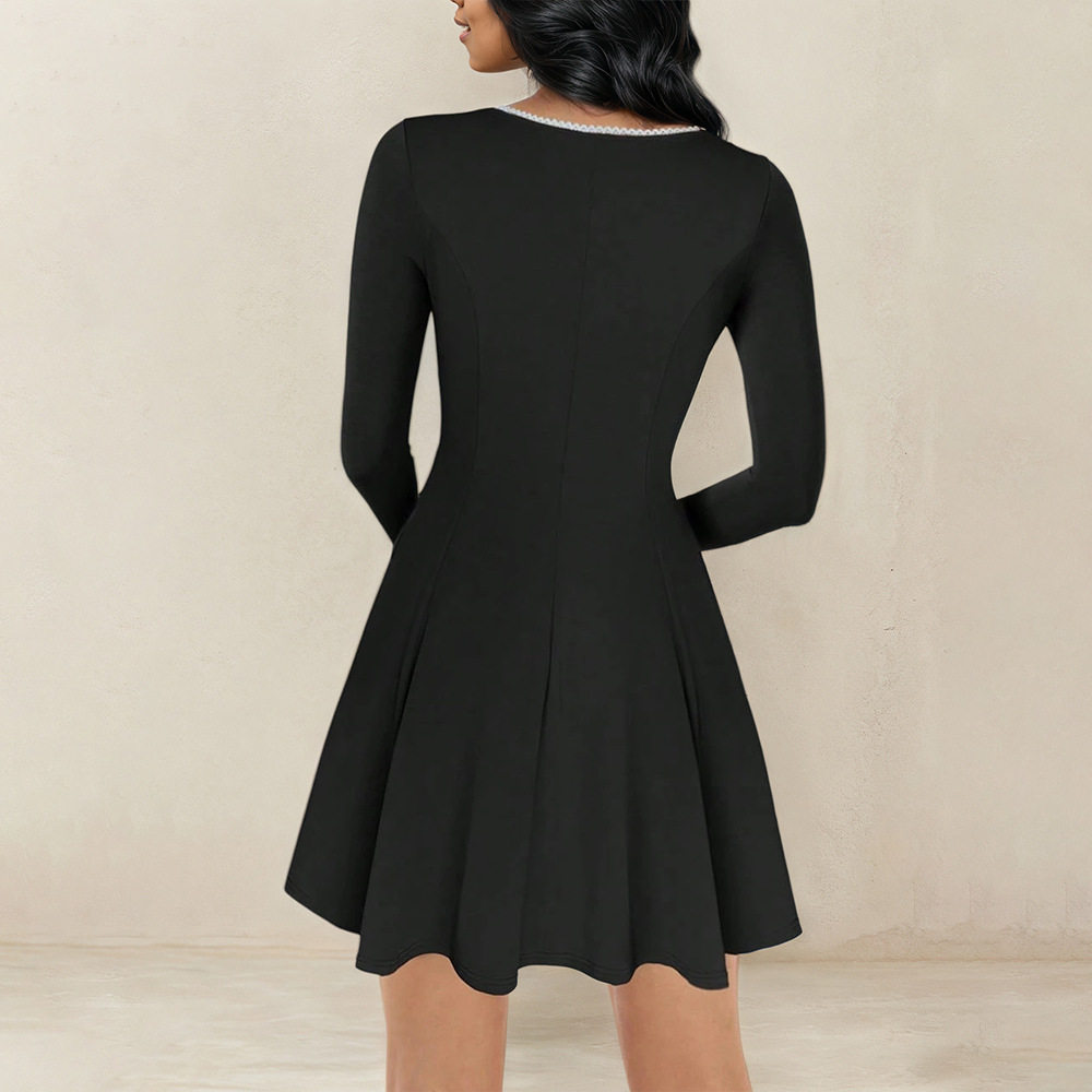 Elegant Black A Line Dress for Women Long Sleeve Lace Trim Slim Fit French Style for Spring and Autumn Wholesale